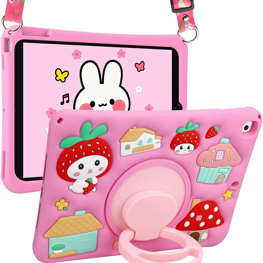 Kids iPad 10.2 Inch Case Pink Strawberry Stand Strap 7th 8th 9th Gen